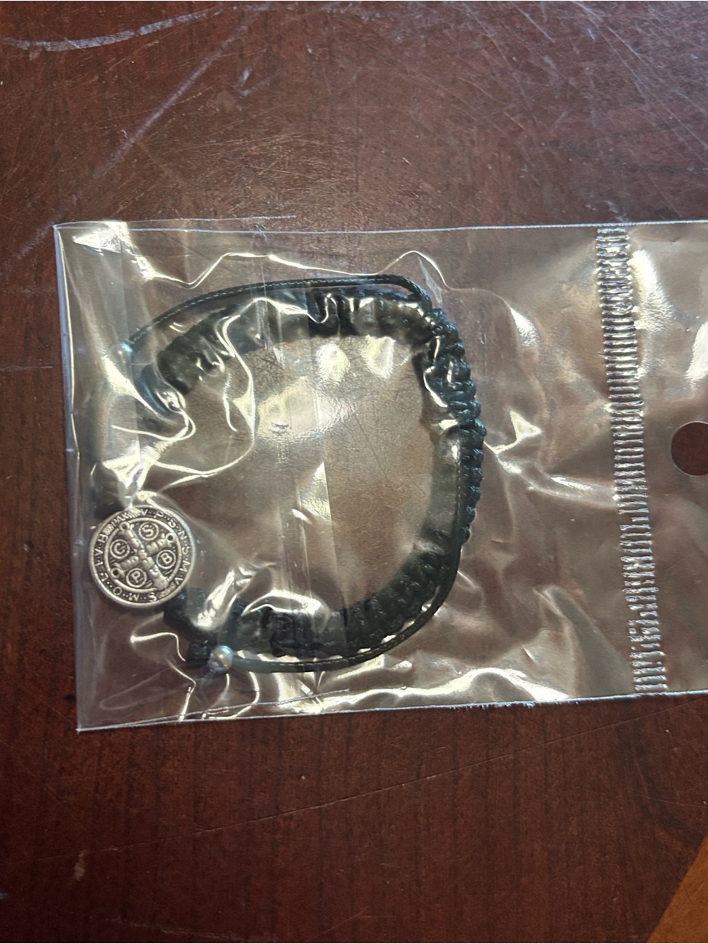 Saint Benedict    Adjustable Black Braided Cord Bracelet with Silver Medallion